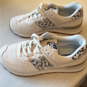 Women’s New Balance Cream and Leopard Print Sneakers 574